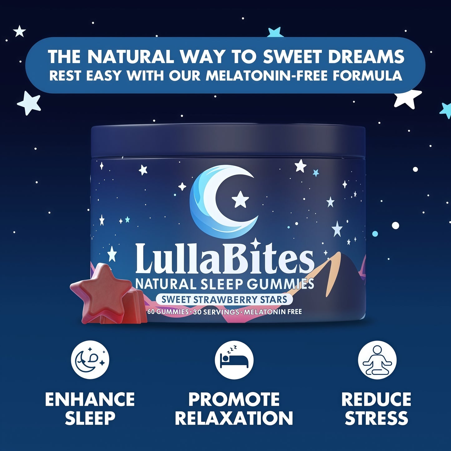 LullaBites - Natural Sleep Gummies - Made in USA - With 5-HTP, L-Theanine, Magnesium & Valerian Root - Melatonin Free - Vegan - Halal - Sugar, Gluten Free - Sweet Strawberry - 60 Gummies - 30 Servings